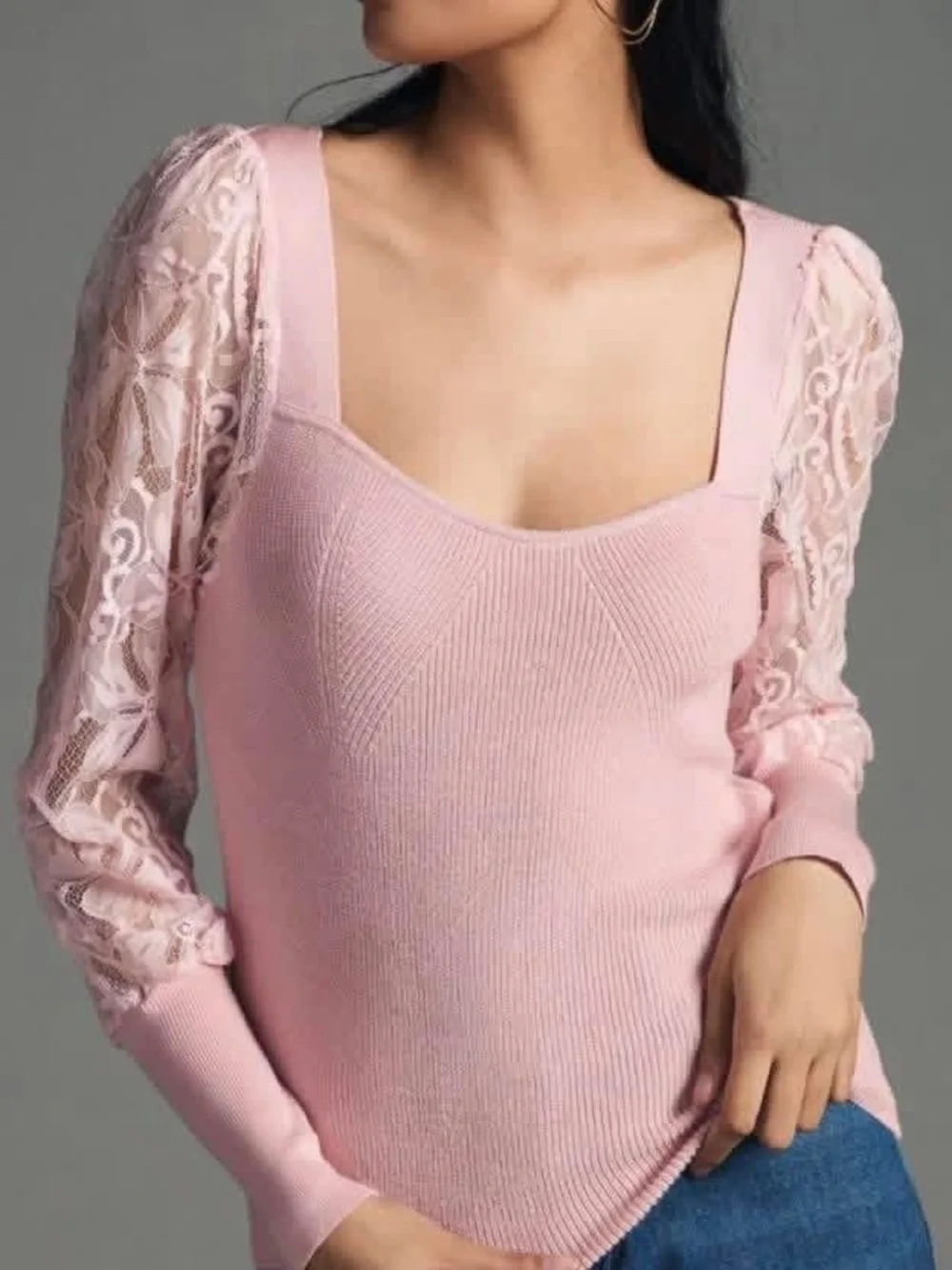 Anthropologie Lightweight Lace-Sleeve Sweater Sz Medium